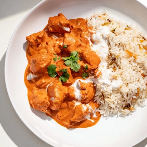 Golden butter chicken and rice pilaf, a creamy Indian dish fragrant with spices and cilantro.