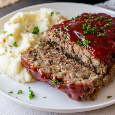 A close-up of a tender, glazed Classic Meatloaf & Mashed Potatoes, overflowing with savory juices.