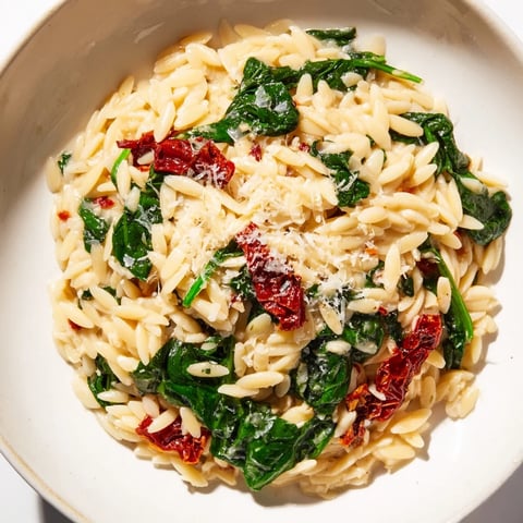 Warm Creamy Tuscan Orzo Bowl with sun-dried tomatoes, spinach, and grated Parmesan cheese.
