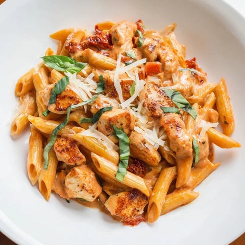 Creamy Tomato Basil Chicken Pasta: A close-up shot of rich pasta in a luscious, creamy tomato sauce.