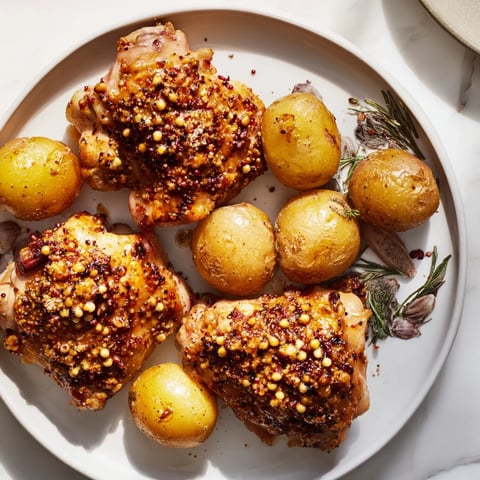 Golden brown Honey Mustard Chicken alongside crispy roasted potatoes in a baking sheet, ready to serve.