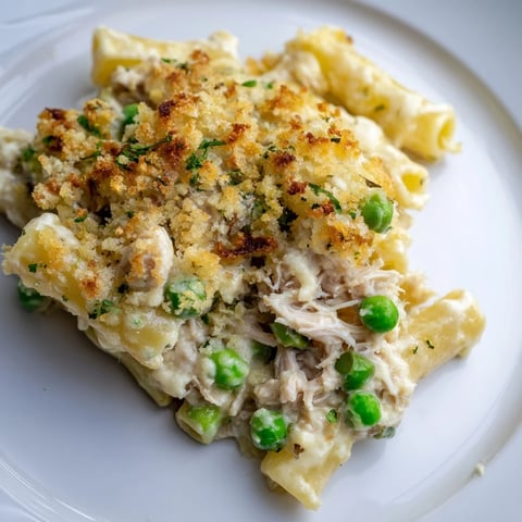 Golden, bubbling Tuna Pasta Bake with a crispy breadcrumb topping, ready to serve.
