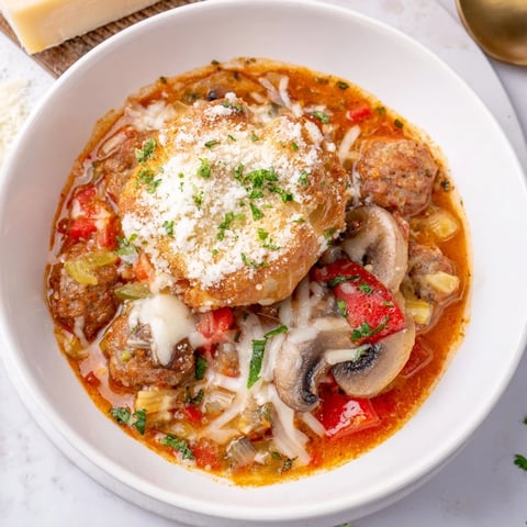 Hearty Pizza Pot Pie Soup mashup bubbling with melted cheese, ready for dipping with golden bread.