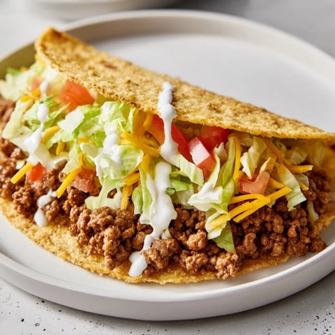 A close-up of a cheesy Gordita Crunch taco, overflowing with seasoned beef and fresh toppings.