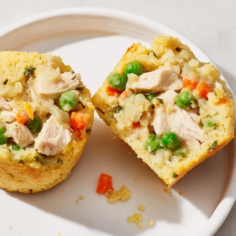 Golden brown Mini Chicken Pot Pie Cornbread Muffins, fresh from the oven, offering a warm aroma.