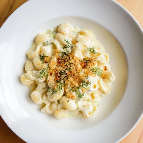 Pickle Mac and Cheese, with bubbly cheese and crispy topping, ready to serve with extra dill.