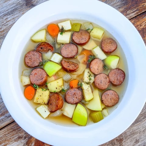 Golden brown Stovetop Sausage, Celery, and Apple Hotpot with tender vegetables, a one-pot meal idea.