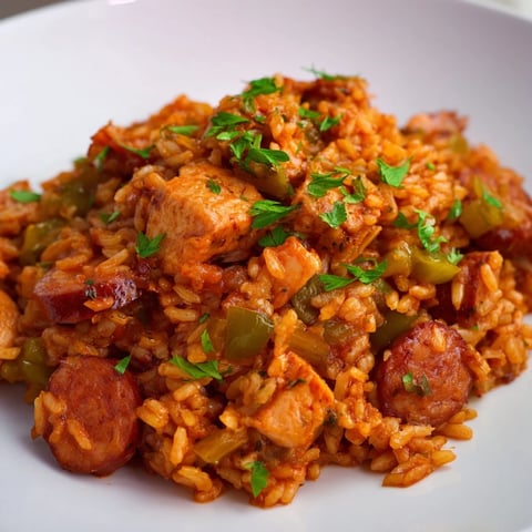 Golden-brown Simple Chicken and Sausage Jambalaya Bake, brimming with savory chicken, vegetables, and rice.