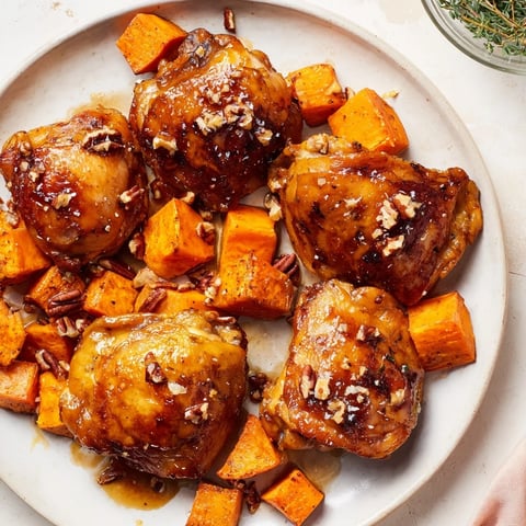 Golden brown maple glazed chicken and sweet potatoes, a simple yet flavorful American dinner on a sheet pan.