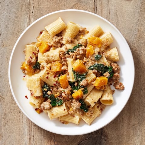 Creamy rigatoni with butternut squash glistens, featuring tender squash, sausage, and a parmesan swirl, ready to serve.
