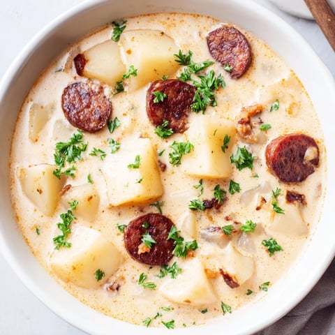 Golden-hued Creamy Chorizo Potato Soup, with visible chunks of chorizo and potatoes ready to savor.