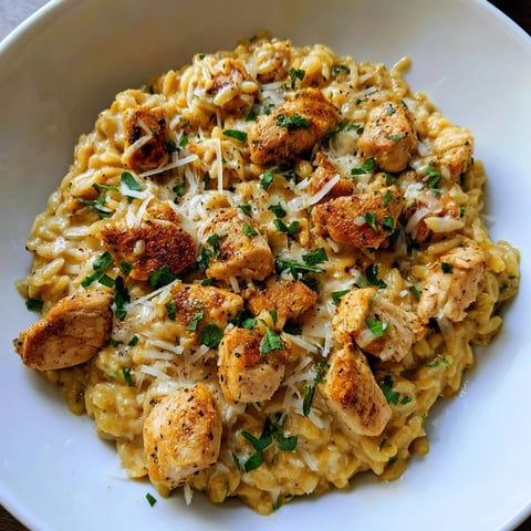 One-Pot Cajun Chicken Alfredo Orzo, a creamy skillet meal with tender chicken and orzo pasta.