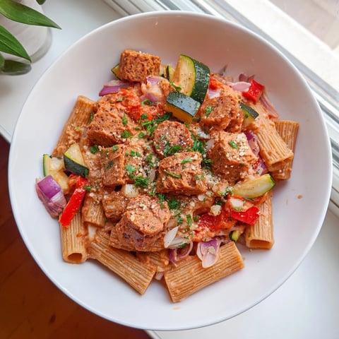 A bubbling baked dish of spicy vegan chorizo pasta with melted vegan cheese.