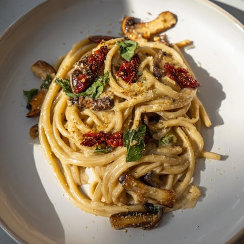 Creamy Vegan Marry Me Mushroom Pasta, a delightful Italian-inspired dish, ready to serve with fresh basil.