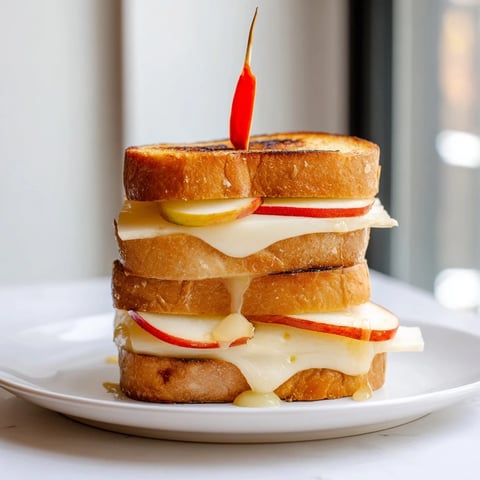 Golden-brown Brie, Apple & Honey Christmas Candle Grilled Cheese, oozing melted cheese with warm honey drizzle.