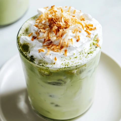 Frothy, vibrant green Toasted Coconut Gingerbread Iced Matcha with whipped cream, ready to enjoy.