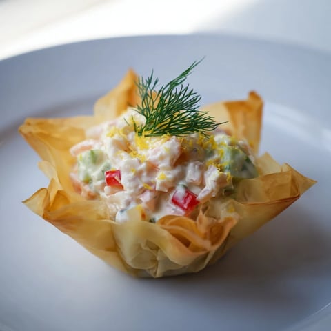 Golden, crispy Mini Star Cocktail Cups filled with savory shrimp salad, topped with fresh dill sprigs.