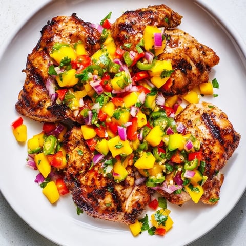 Grilled Mango Salsa Chicken with bright, colorful salsa topping juicy, grilled chicken breasts.