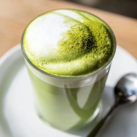 A bright green, creamy matcha latte with a cloud of sweet cold foam gently resting on top.