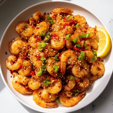 Golden, glistening Korean Garlic Butter Shrimp, ready to serve with a sprinkle of fresh scallions.