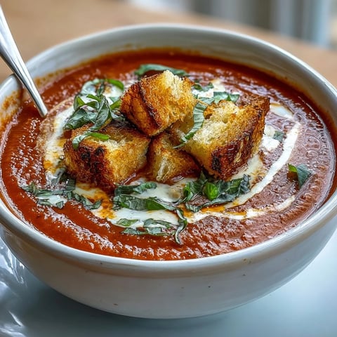Freshly roasted tomatoes and onions are blended into a creamy roasted tomato soup, garnished with basil and crunchy croutons.