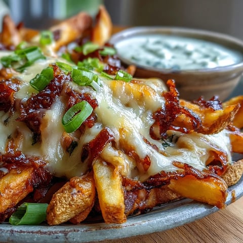 Golden, crispy oven-baked fries tossed in smoky BBQ seasoning, topped with bubbling melted cheddar cheese and fresh green onions.