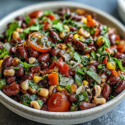 A bowl of Cowboy Caviar featuring black beans, corn, and diced red and green peppers tossed in a zesty lime dressing.