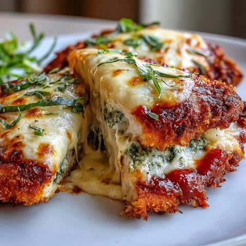 Golden-brown breaded chicken breasts are topped with vibrant green basil pesto, marinara sauce, and melted mozzarella cheese.