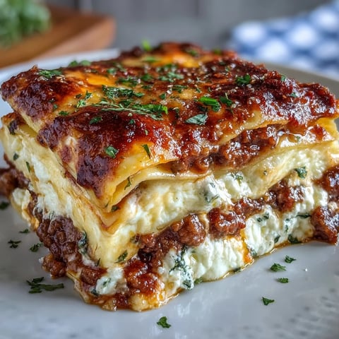 Golden, bubbling cheese tops the Worlds Best Lasagna, revealing rich meat sauce and creamy ricotta layers inside.