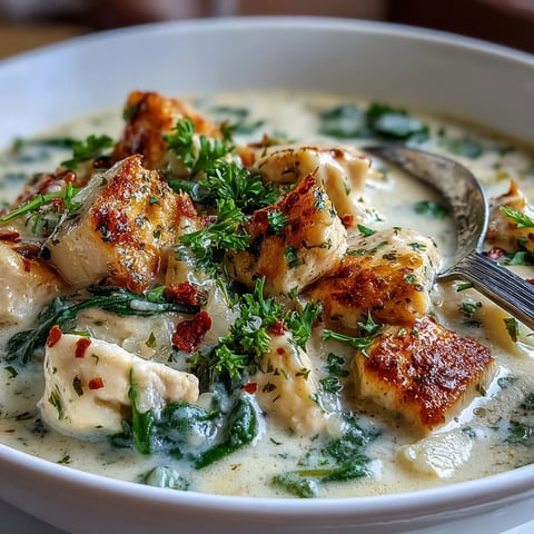 Creamy Garlic Parmesan Chicken Soup garnished with fresh parsley in a rustic bowl.