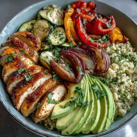 Close-up of Paprika Roasted Vegetable Quinoa Bowl featuring golden pan-fried chicken, fluffy quinoa, and creamy avocado slices.