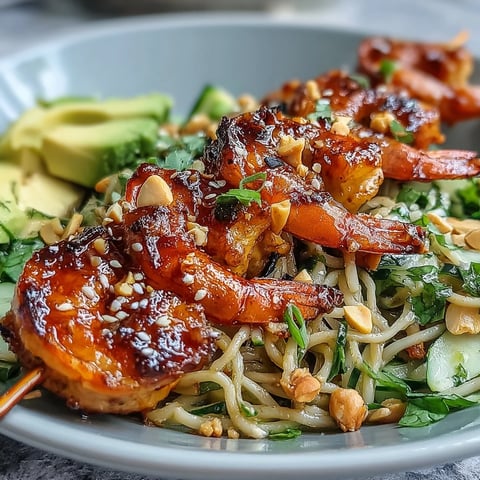 A close-up of a Grilled Shrimp Asian Noodle Bowl, featuring charred shrimp on sesame noodles with crisp cucumber and creamy avocado.