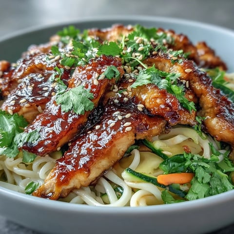 Freshly cooked Asian Chicken Noodle Bowl in a white bowl with chopsticks ready to eat.