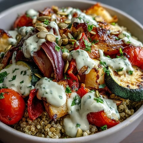 Roasted Vegetable Quinoa Bowl with colorful bell peppers, zucchini, and red onion roasted until tender, served in a ceramic bowl.