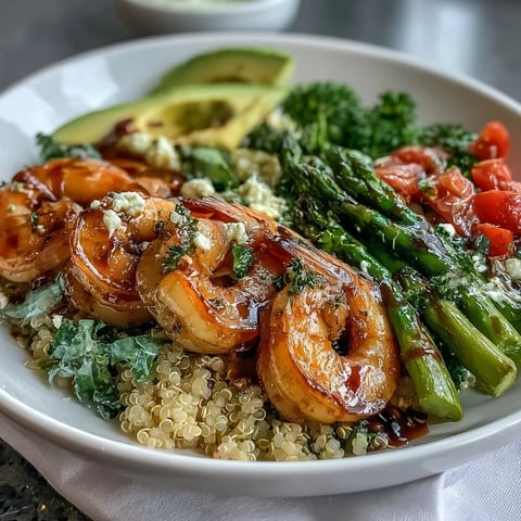 Freshly sautéed shrimp and crisp blanched broccoli rest on fluffy quinoa, creating a bright Rainbow Vegetable Detox Bowl.