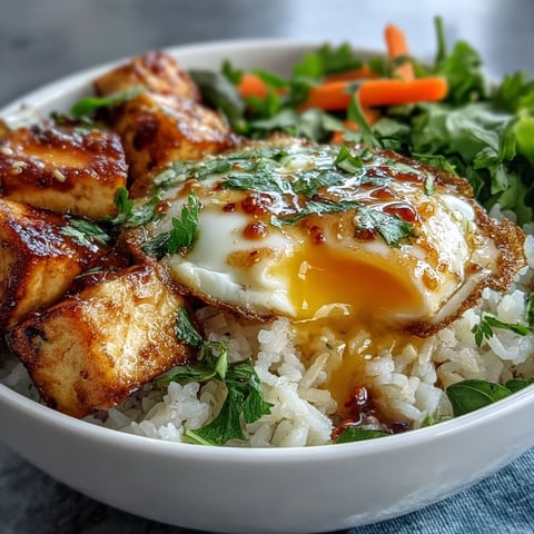 A close-up of a Tofu Jammy Egg Breakfast Bowl with golden tofu, halved jammy eggs, and fresh greens on warm rice.