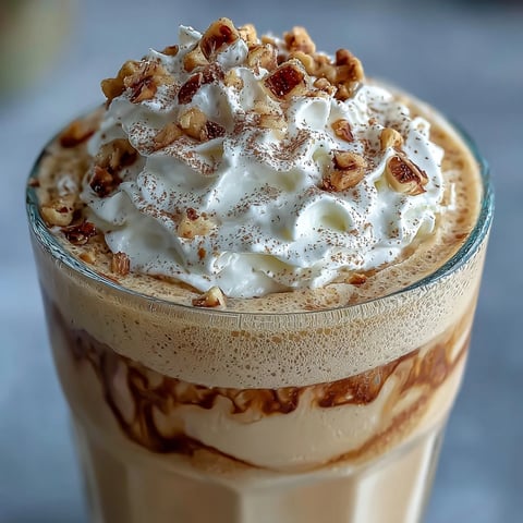 Creamy Hojicha milkshake topped with whipped cream and roasted nut crumble served in a chilled glass.