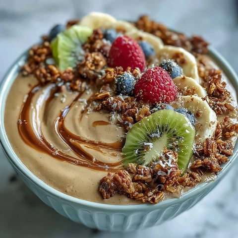 Creamy Hojicha Smoothie Bowl topped with fresh berries, kiwi, and crunchy granola for a nourishing breakfast.