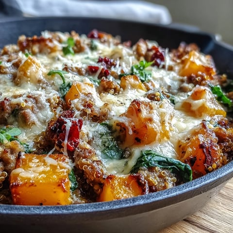 Golden-brown Cozy Butternut Squash & Sausage Casserole bubbling with melted mozzarella and Parmesan cheese, fresh from the oven.