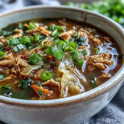 A warm bowl of Cozy One-Pot Egg Roll Soup topped with fresh green onions, served alongside crispy wonton strips for dipping.