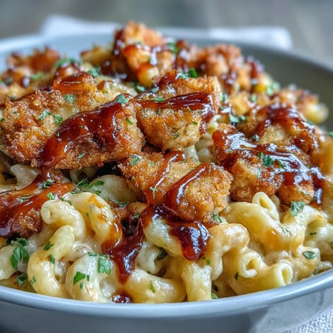 Tender honey BBQ chicken bites nestled in creamy cheddar macaroni inside a warm skillet.