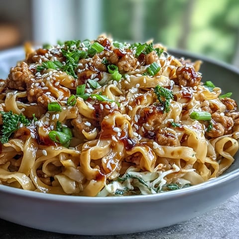 Creamy Potsticker Noodle Stir-Fry with ground turkey and coleslaw mix tossed in a glossy, peanut-sesame sauce. 