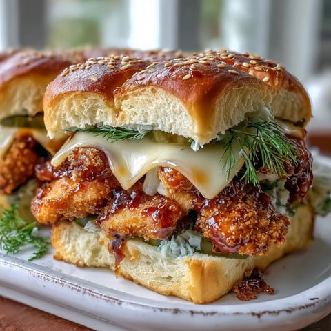Golden-baked chicken tenders glazed in spicy honey butter are layered with pickles and cheddar cheese inside soft slider buns in this crowd-pleasing Spicy Honey Butter Chicken Sandwich Bake.