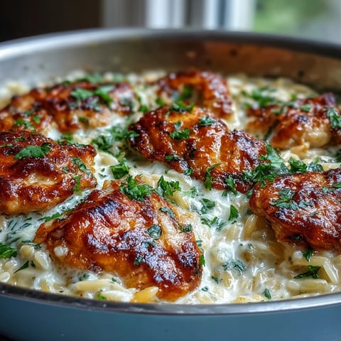 Golden seared chicken thighs and creamy orzo pasta swirl in a garlic-Parmesan sauce, garnished with fresh parsley.