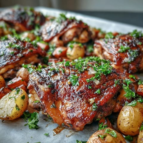 Golden, crispy-skinned ranch chicken thighs and tender roasted vegetables arranged on a sheet pan, served as an easy weeknight dinner.