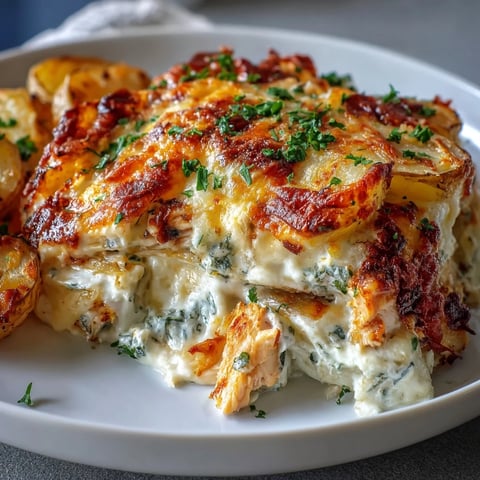 Golden, bubbly cheddar and mozzarella melts over a creamy ranch chicken and potato bake in a white casserole dish, garnished with fresh chives.