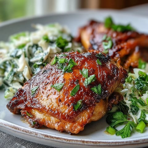 Crispy baked Keto Crispy Chicken Thighs with golden skin served alongside a fresh, tangy lemon butter cabbage slaw.