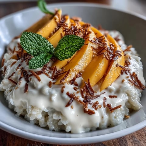 Creamy coconut sticky rice is topped with fresh mango slices and drizzled with coconut cream in a breakfast bowl.