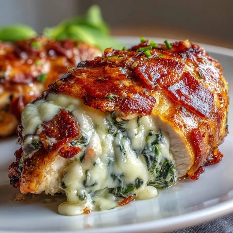 Golden-brown Keto Spinach and Bacon Stuffed Chicken Breasts rest in a white baking dish, drizzled with garlic butter.