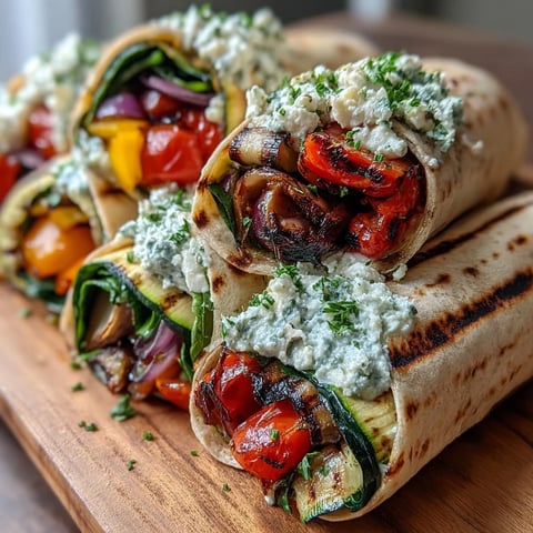 Smoky Mediterranean Grilled Vegetable Wraps stuffed with creamy hummus, feta, and fresh spinach on a warm tortilla.